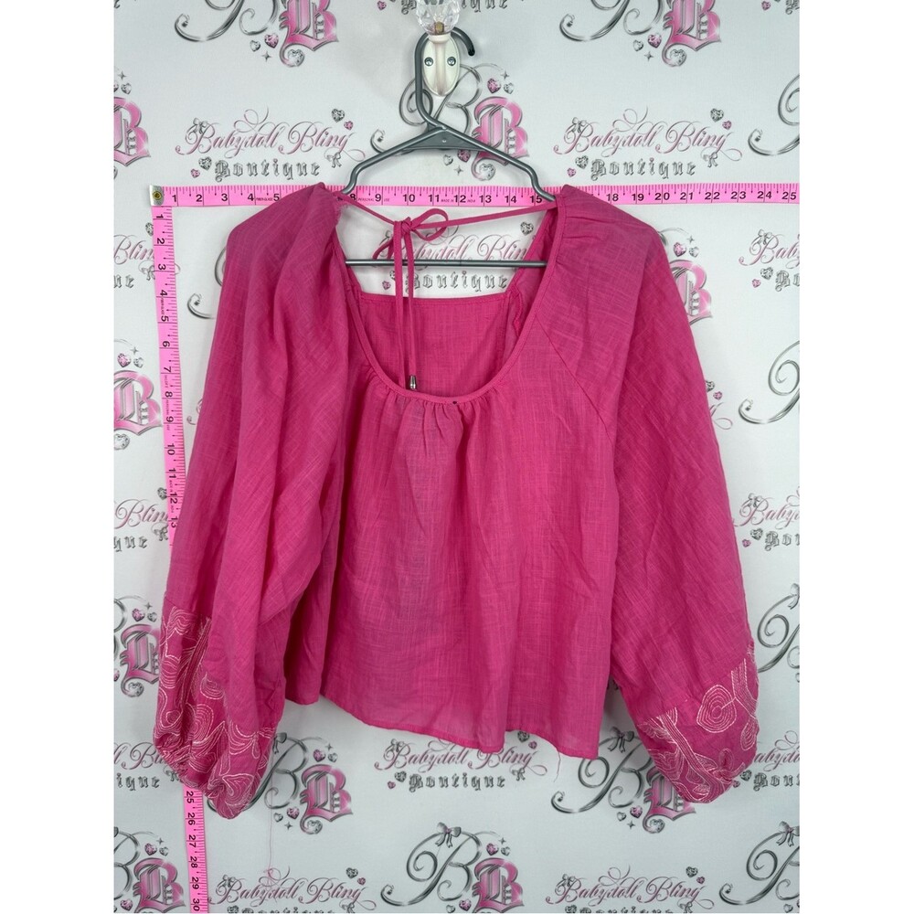 Rain top Embroidered Square-Neck Peasant Blouse in Fuchsia - Picture 2 of 12